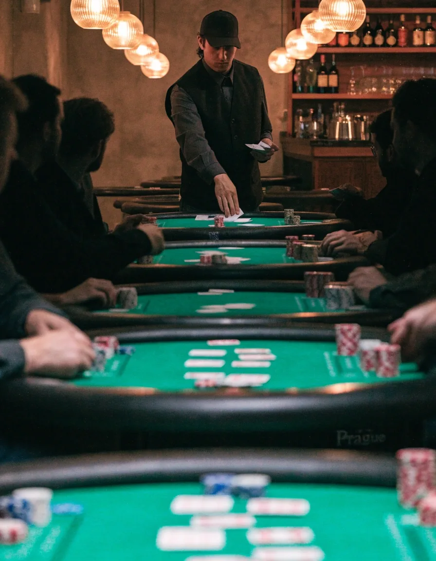 Pohled na pokerový stůl shora během rozdávání karet