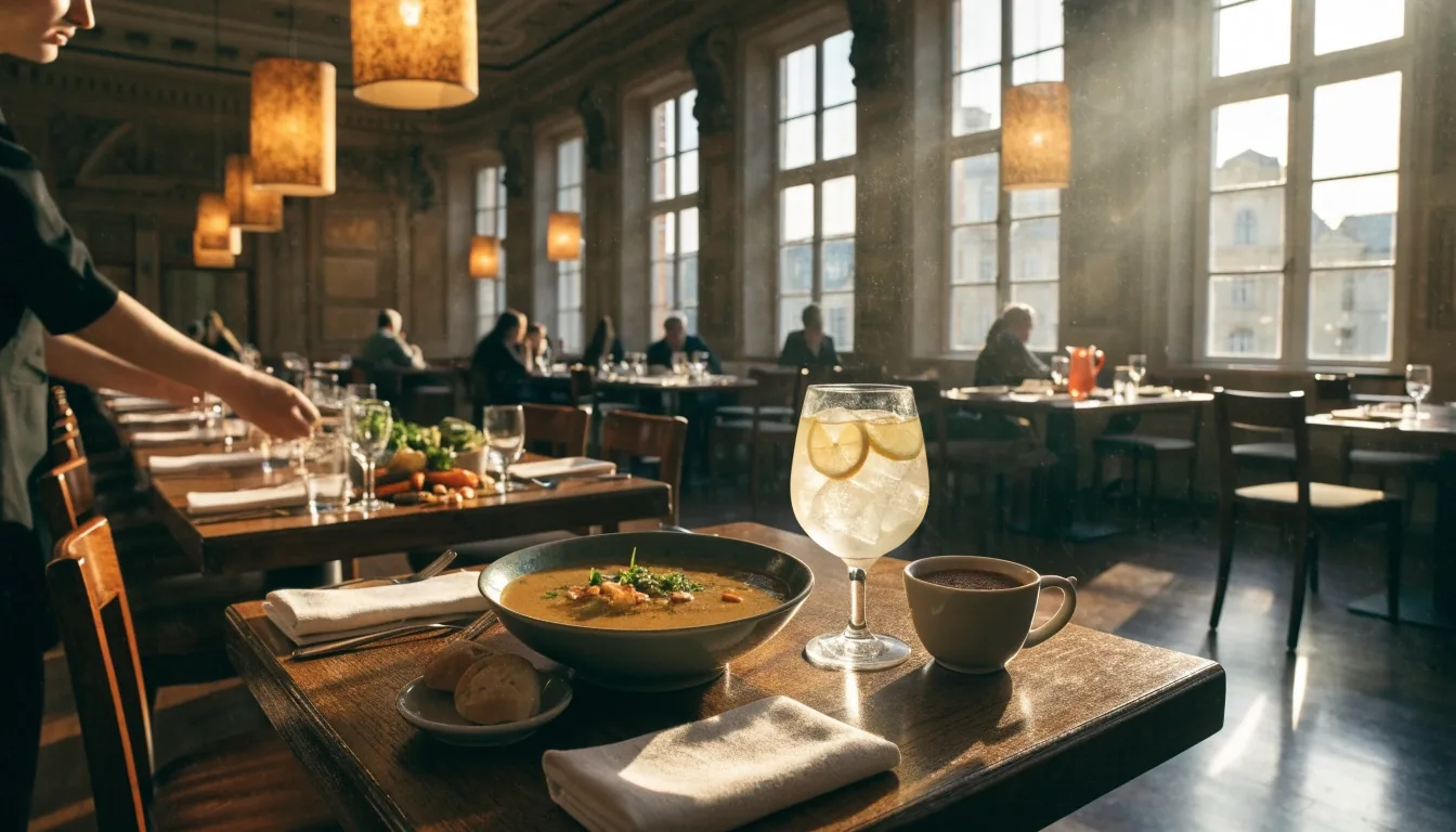 Prostřený stůl v restauraci Dvora Zeleného s teplým jídlem a domácí limonádou