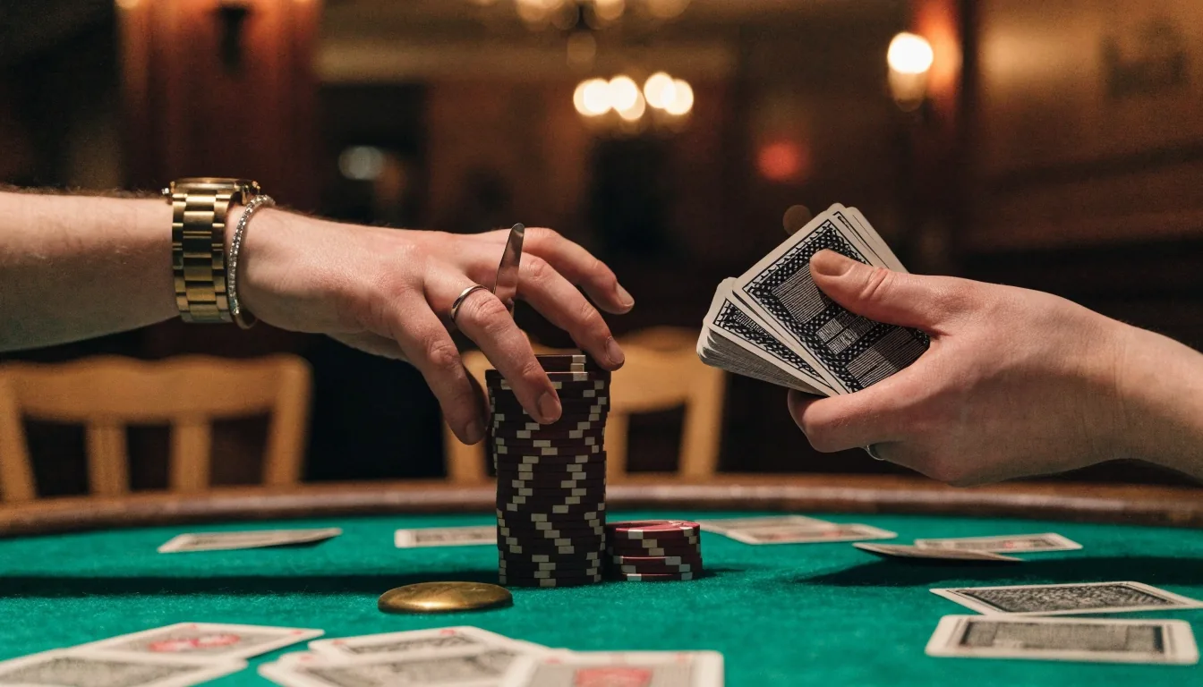 Detail stolu během cash game — rozložené karty, sloupce žetonů a dealer tlačítko