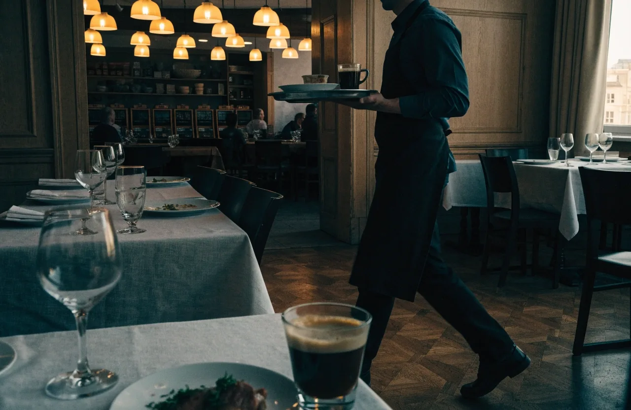 Restaurace v podvečer — prostřený stůl s teplým jídlem a kávou, obsluha prochází kolem