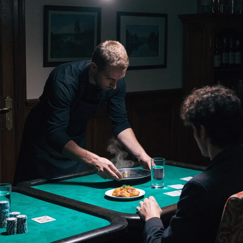 Občerstvení na tácu u pokerového stolu v herně Dvora Zeleného