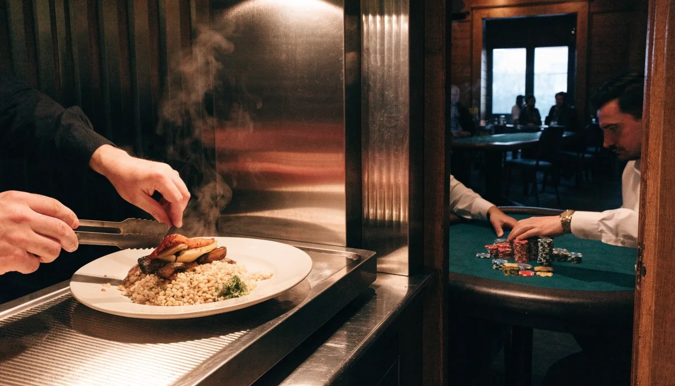 Prostor restaurace Dvora Zeleného s výhledem do herny při večerním světle