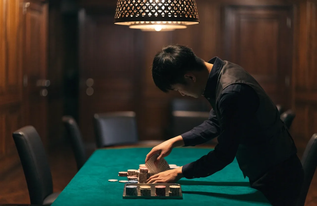 Dealer míchá karty nad zeleným pokerovým stolem v herně