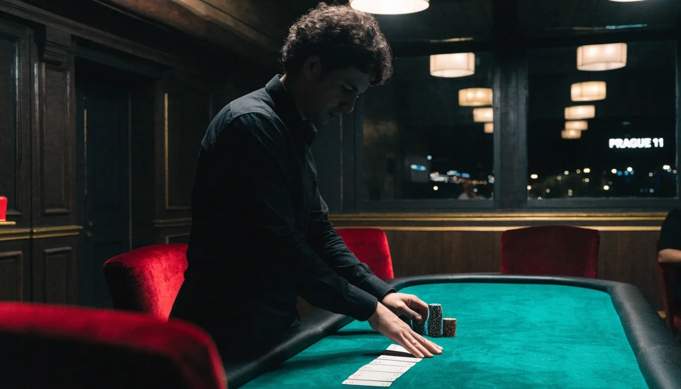 Prázdný pokerový stůl s rozloženými kartami a žetony v herně Dvůr Zelený