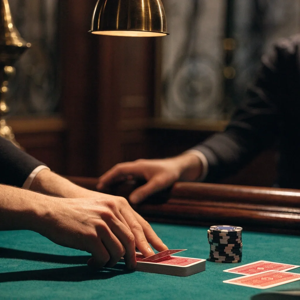Dealer míchající karty u pokerového stolu, záběr na ruce nad suk nem