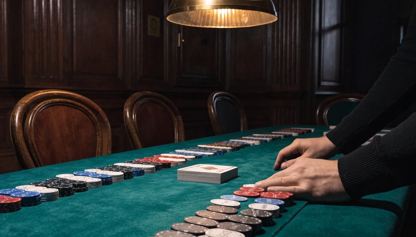 Prázdný pokerový stůl s žetony a zavřeným balíčkem karet před zahájením večera