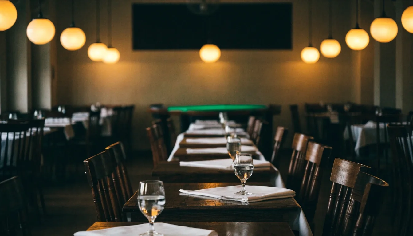Tichý večerní sál restaurace Dvůr Zelený s prostřenými stoly