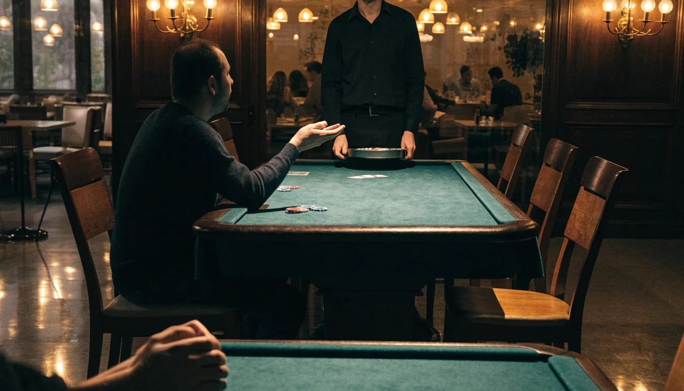 Pokerový stůl s žetony a kartami v herně Dvora Zelený